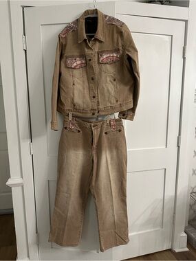 Ashley Stewart Tan Denim Jacket  and Wide Leg Pants with Paisley Trim (Denim Set